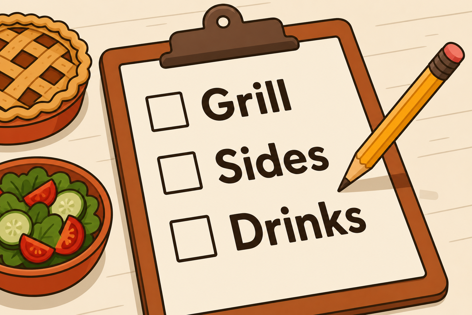 Clipboard list: Grill, Sides, Drinks