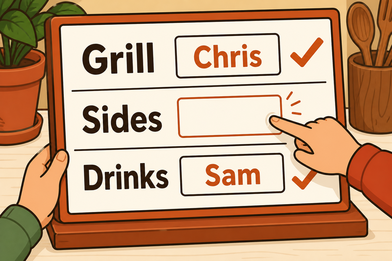 Board with Grill Chris, Sides being claimed, Drinks Sam